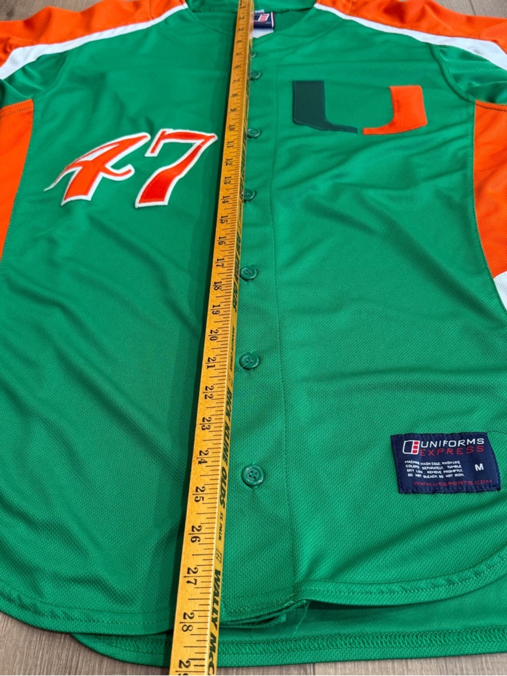 Uniforms Express Baseball Jersey Uni Miami Hurricanes Size M Green Orange #47 - Picture 3 of 13